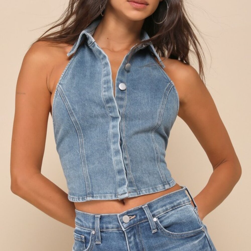 Lulus Sensational Trend Light Wash Denim Collared Backless Crop Top Blue